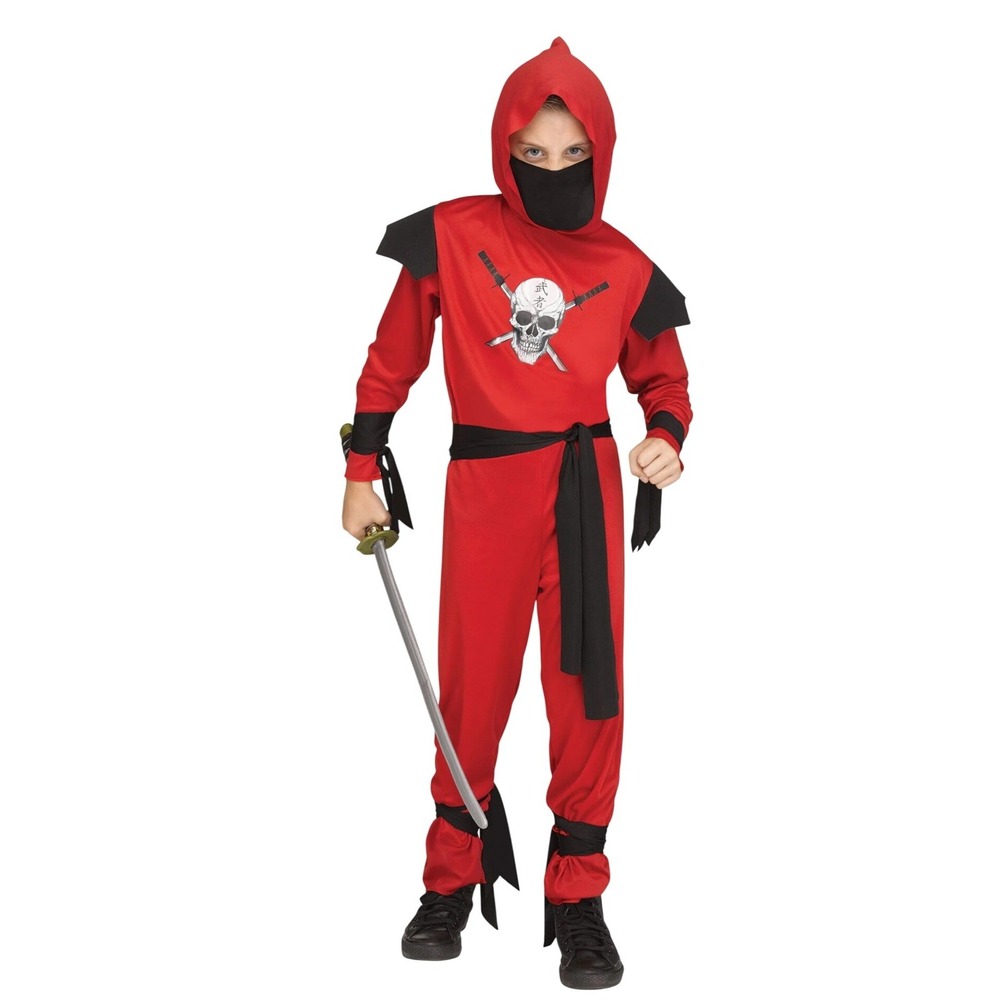 Fun World Skull Ninja Costume Red Black Boys Small 4-6 Jumpsuit Mask Sash NEW